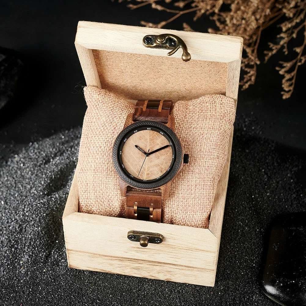 Bracelet en bois et acier inoxydable de la montre Feuiya, style chic dans sa boîte de rangement en bois