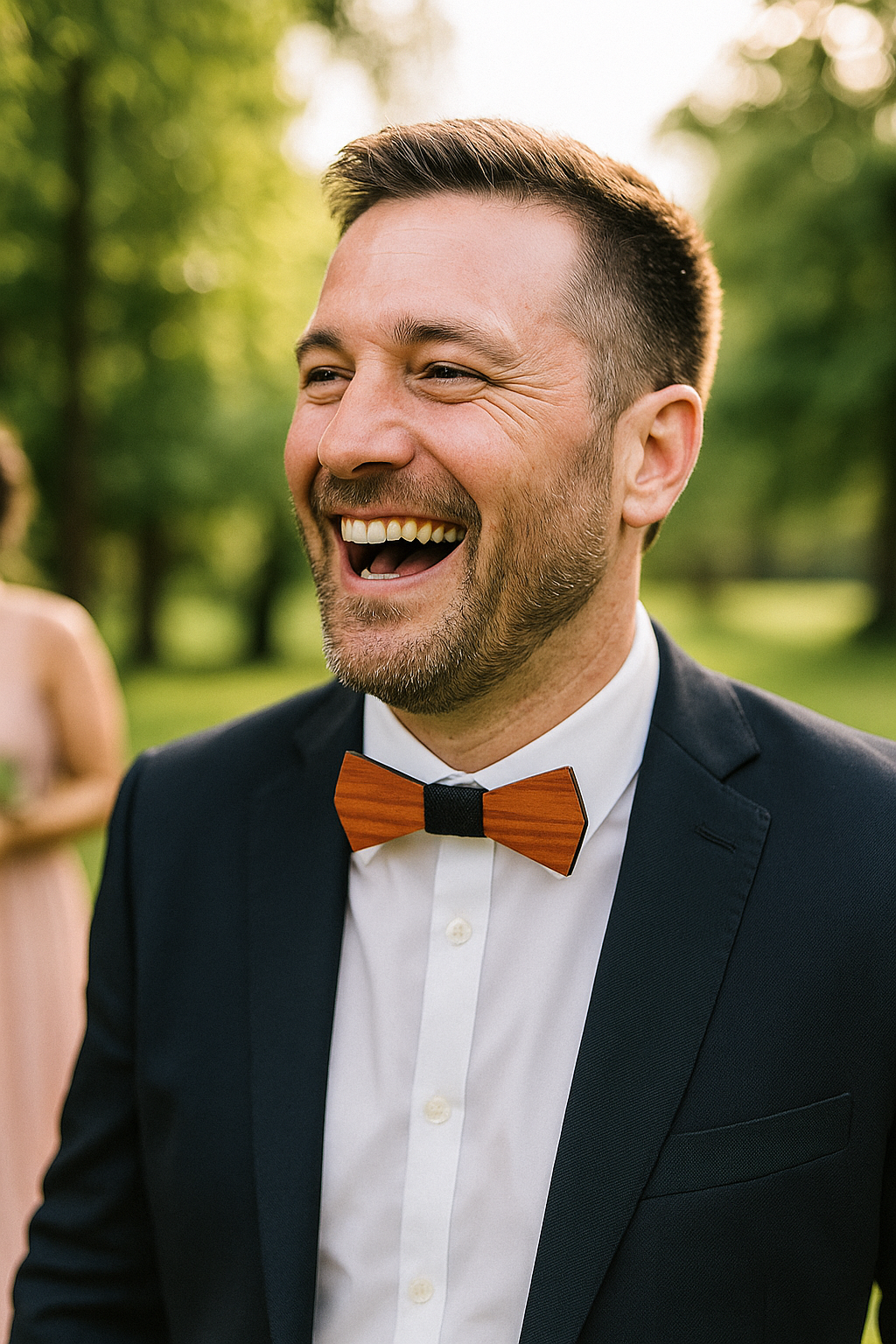 Nœud papillon en bois Votar porté par un homme, style raffiné et tendance.