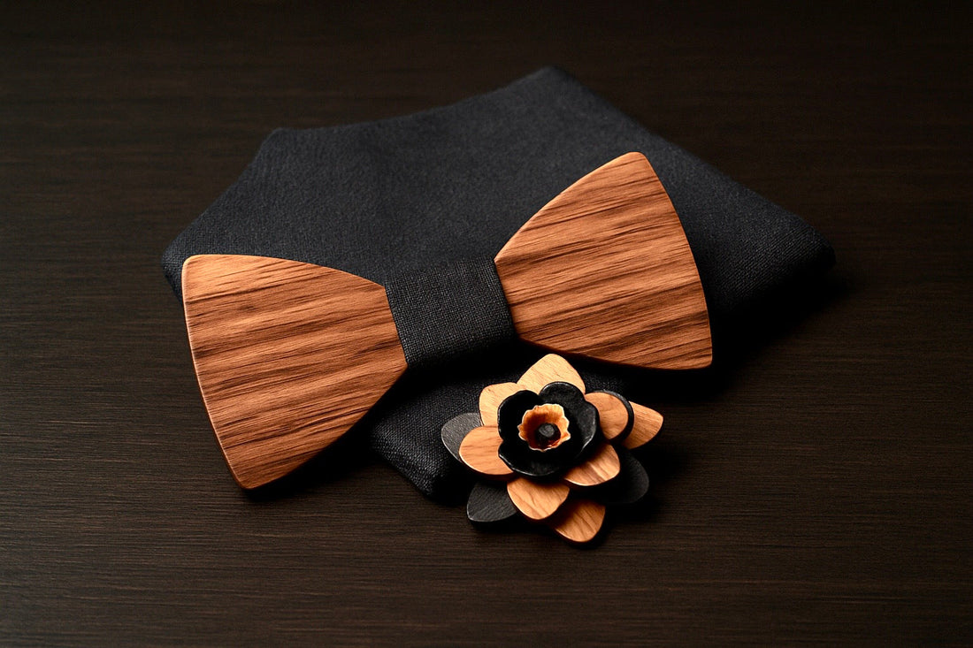 Noeud papillon en bois avec accessoires assorties.