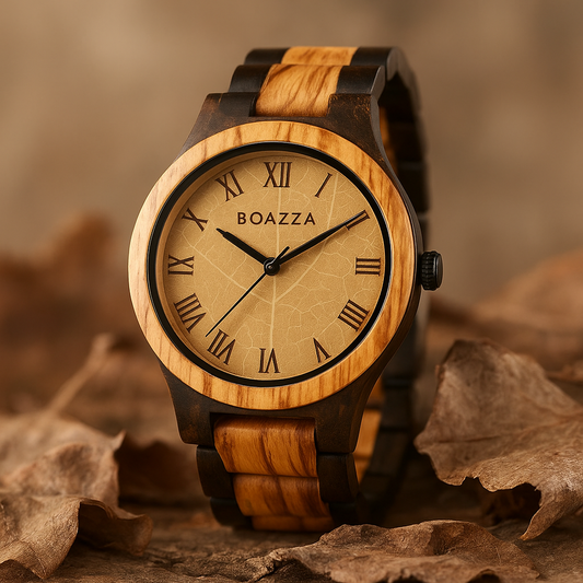 Montre en bois pour homme Boazza, poser avec des feuilles d’arbres