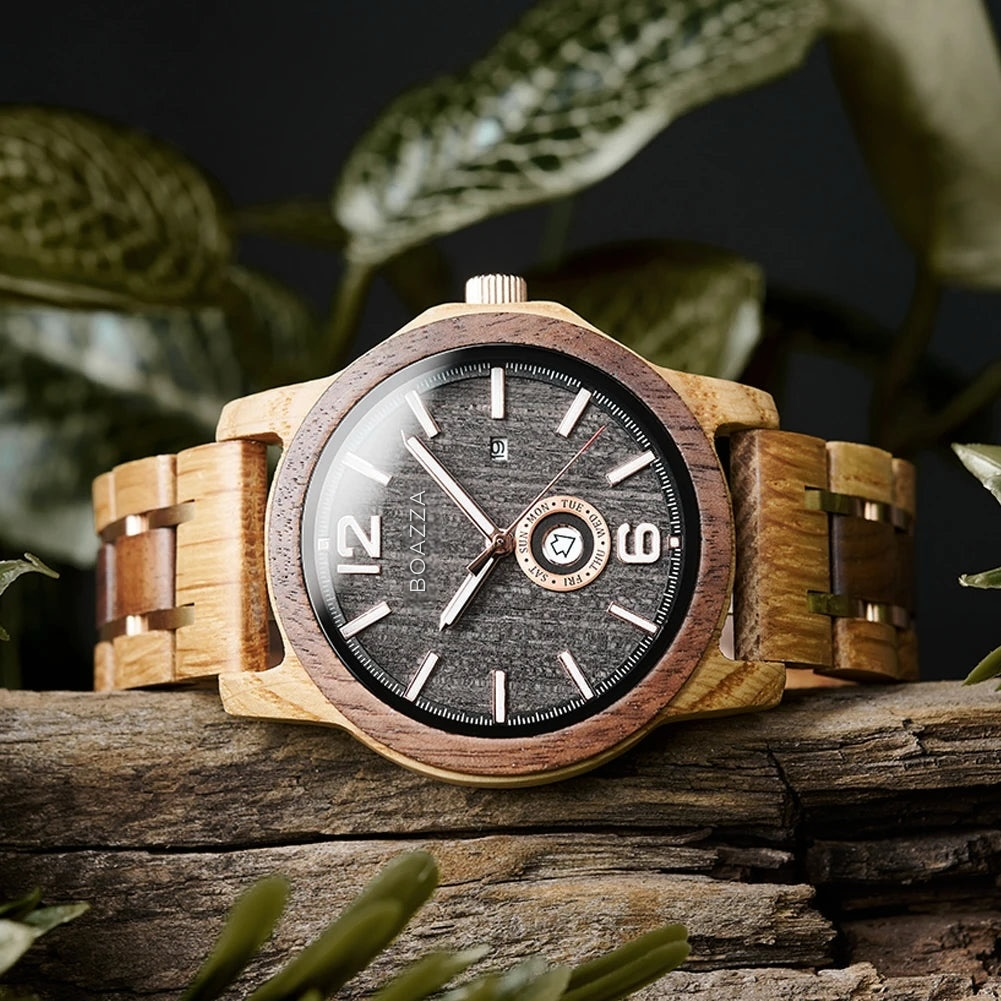 Montre en bois pour homme - Téven, cadran rond en bois clair, bracelet en bois et acier inoxydable, style élégant et scandinave, chronographe.
