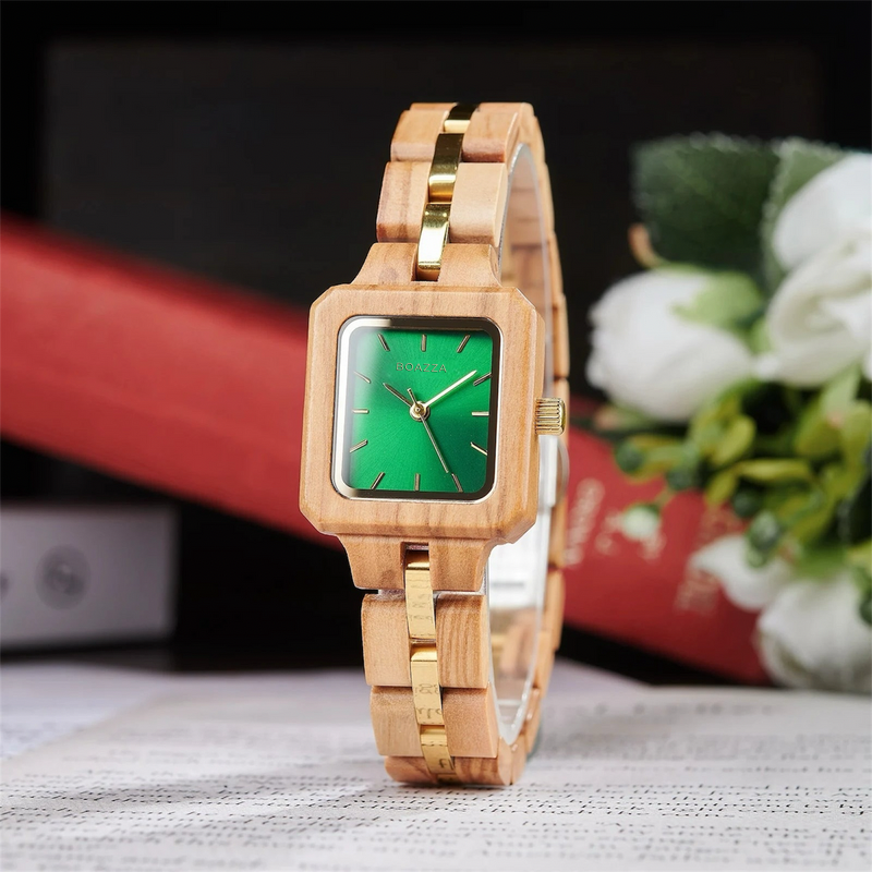 Montre en bois pour femme - Solveig, cadran rond en bois foncé, bracelet élégant en bois et acier inoxydable, féminité