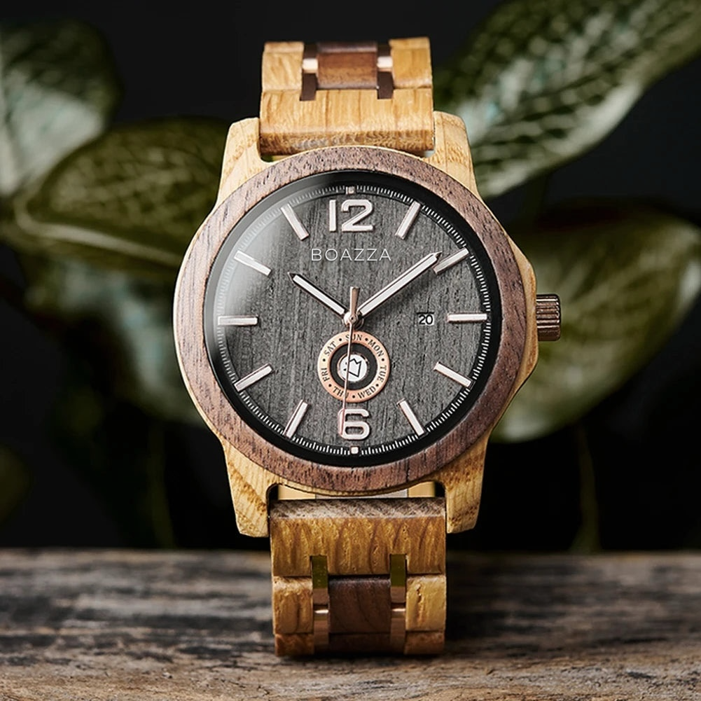 Montre en bois pour homme - Téven, cadran rond en bois clair, bracelet en bois et acier inoxydable