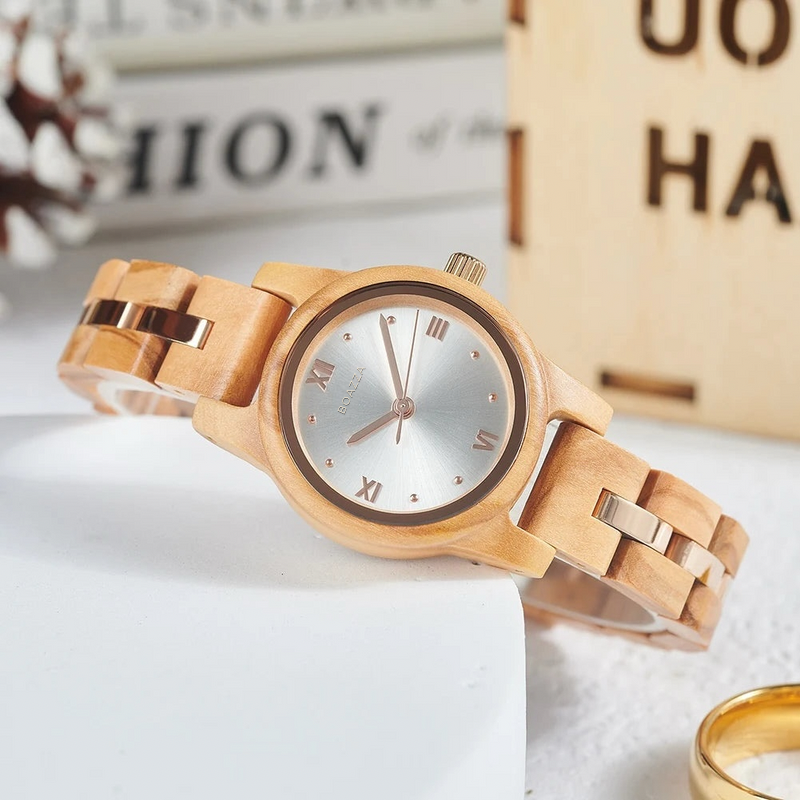Montre en bois pour femme - Isfell, cadran rond en bois foncé, bracelet fin en bois et acier, élégance féminine