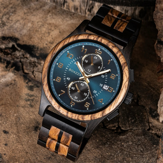 Montre en bois pour homme - Kaelan, cadran rond en bois foncé, bracelet en bois et acier inoxydable, style élégant et scandinave, chronographe.