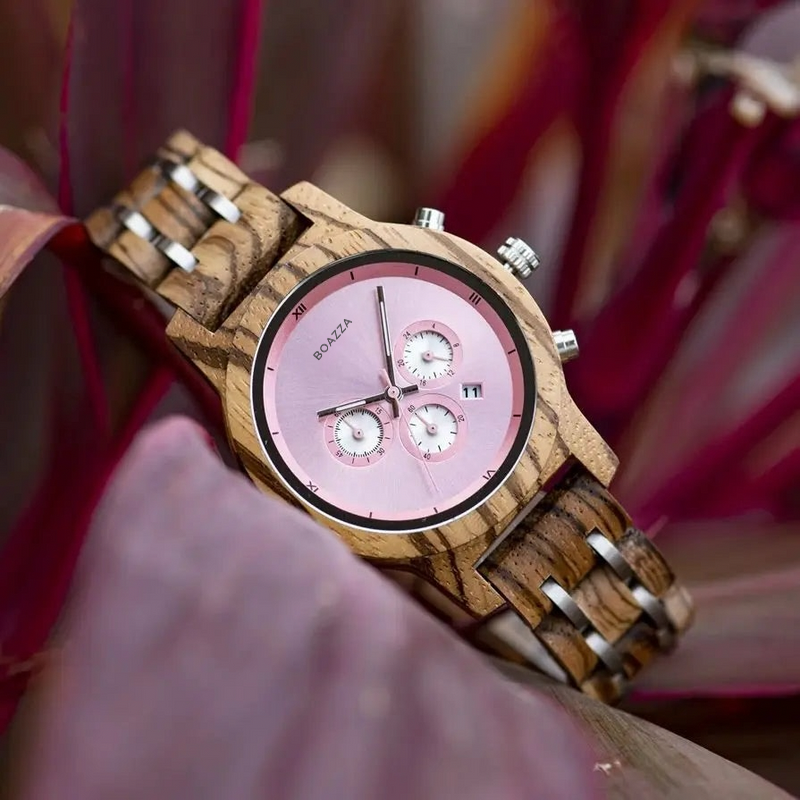 Montre en bois pour femme - Tindra, cadran rond en bois foncé, bracelet fin et raffiné en bois et acier inoxydable, féminité