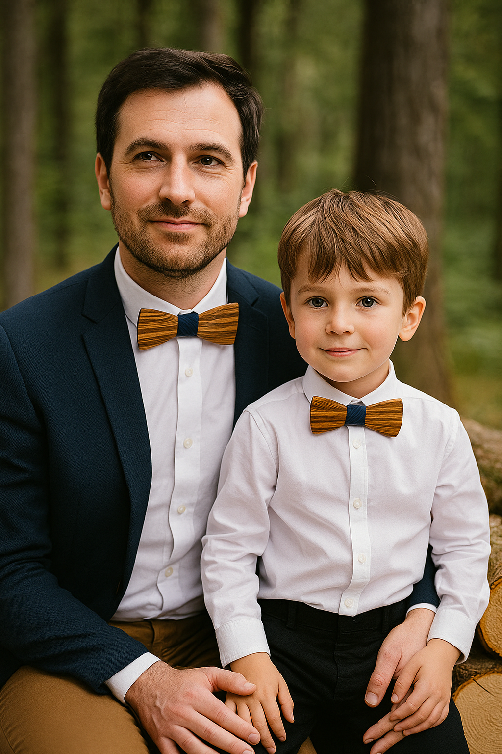 Nœud papillon en bois Faja porté par un homme et un enfant, complicité élégante et naturelle.