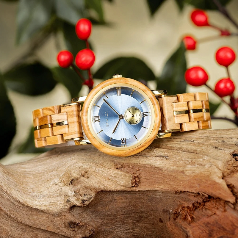 Montre en bois pour femme - Freya, cadran rond en bois clair, bracelet raffiné en bois et acier inoxydable 