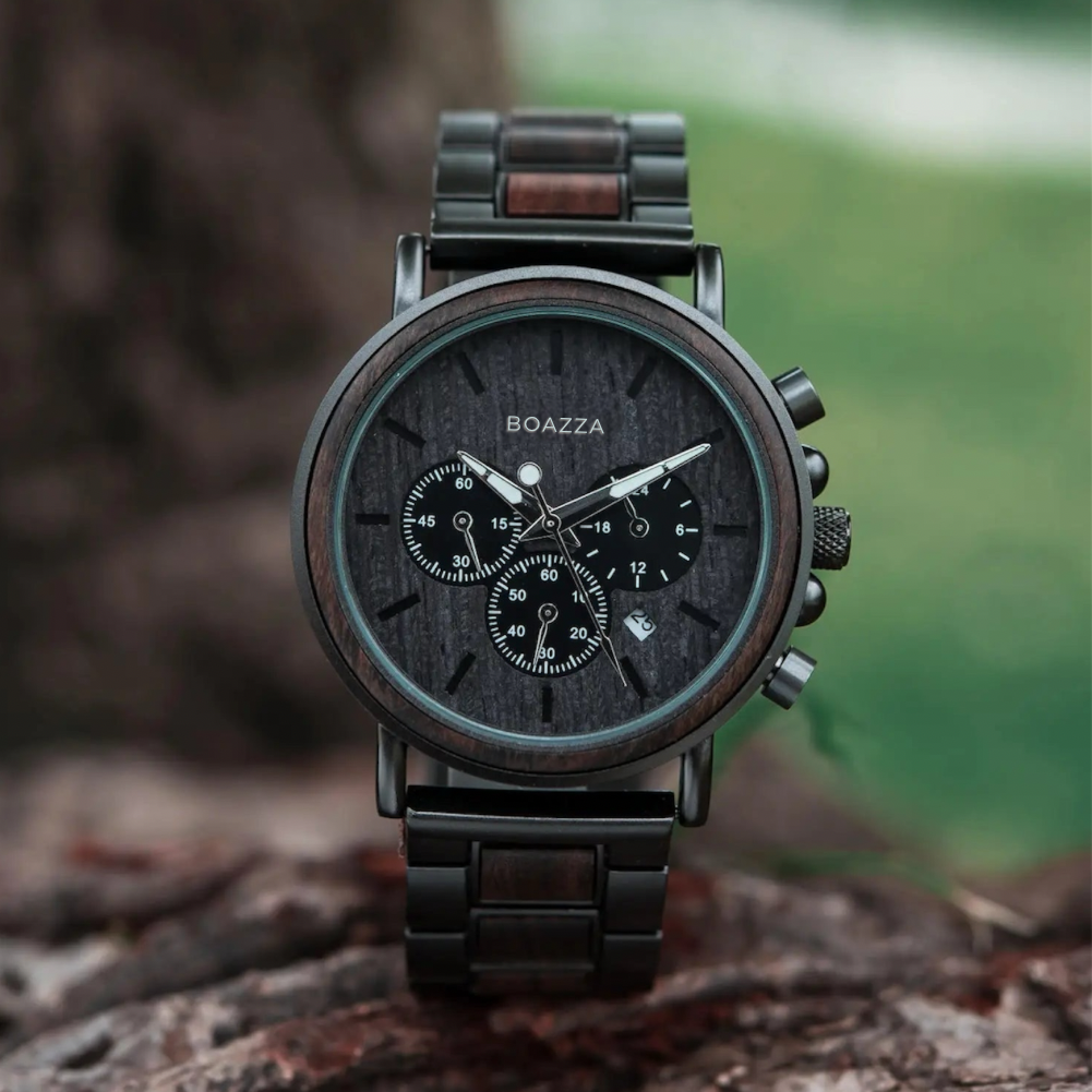 Montre en bois pour homme - Eldar, cadran rond en bois foncé, bracelet en bois et acier inoxydable, style élégant et scandinave, chronographe.