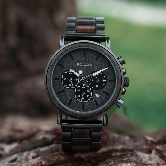 Montre en bois pour homme - Eldar, cadran rond en bois foncé, bracelet en bois et acier inoxydable, style élégant et scandinave, chronographe.