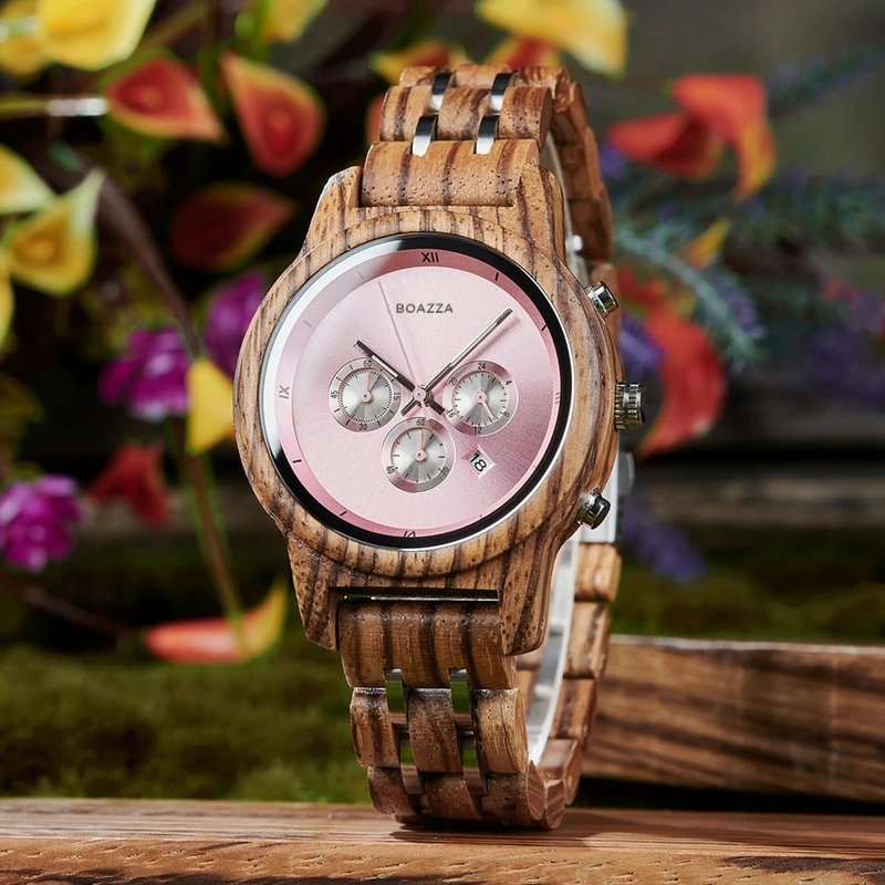 Montre en bois pour femme - Tindra, cadran rond en bois foncé, bracelet fin et raffiné en bois et acier inoxydable, féminité et élégance.