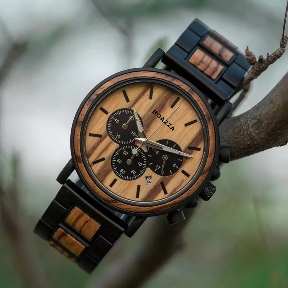 Montre en bois pour homme Astra avec cadran rond et bracelet en bois et acier inoxydable - Boazza”