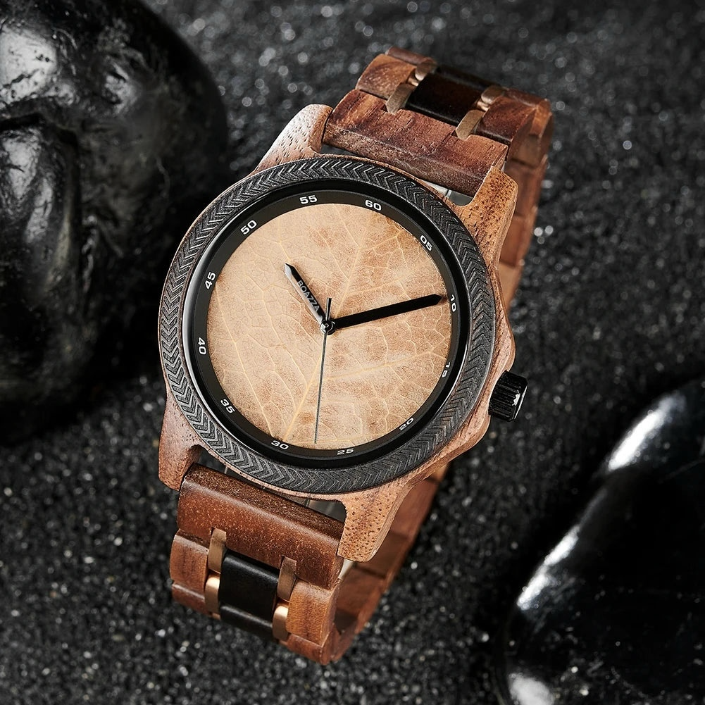 Montre en bois pour homme - Feuiya, cadran rond en bois clair, bracelet en bois et acier inoxydable, style élégant et scandinave, chronographe et aiguilles lumineuses.