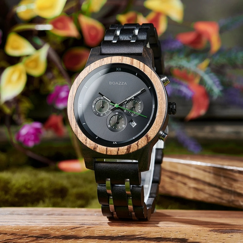 Montre en bois pour femme - Snoa, cadran rond en bois foncé, bracelet fin en bois et acier inoxydable, élégance discrète et féminine.