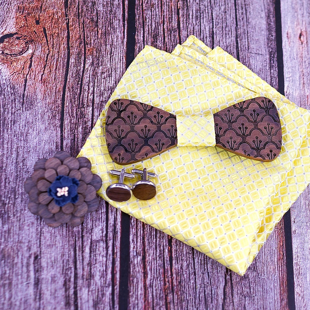 Nœud papillon en bois Hyrn avec pochette assortie, élégance et modernité pour toutes les occasions.