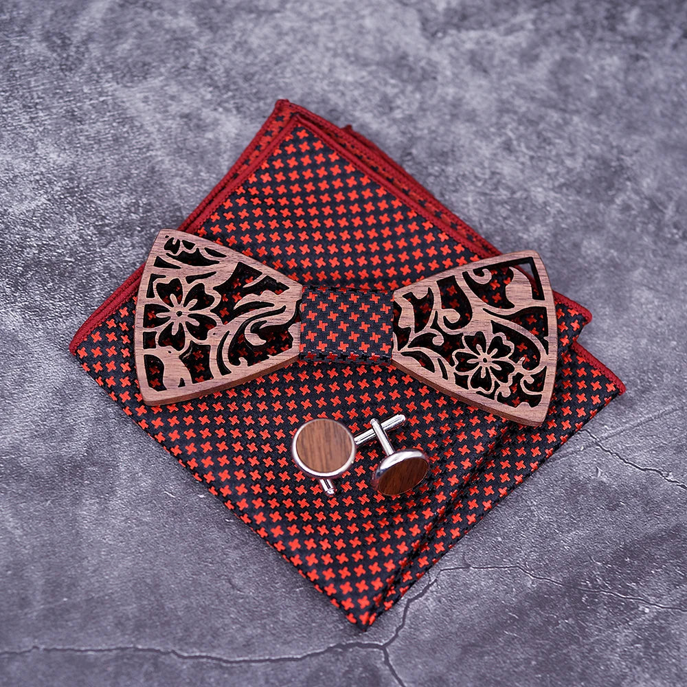 Nœud papillon en bois Tyra avec pochette assortie, élégance et modernité pour toutes les occasions.