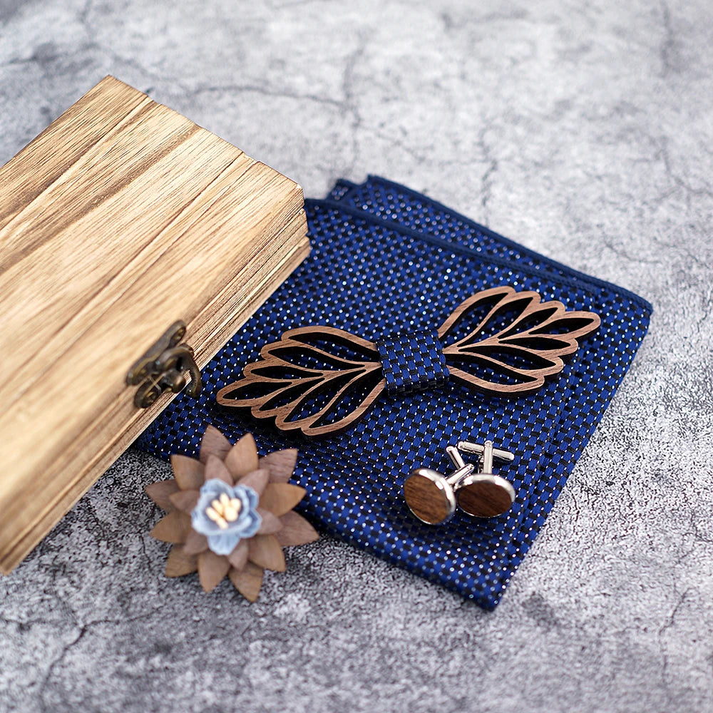 Nœud papillon en bois Laga avec sa boîte de rangement en bois, chic et authentique.