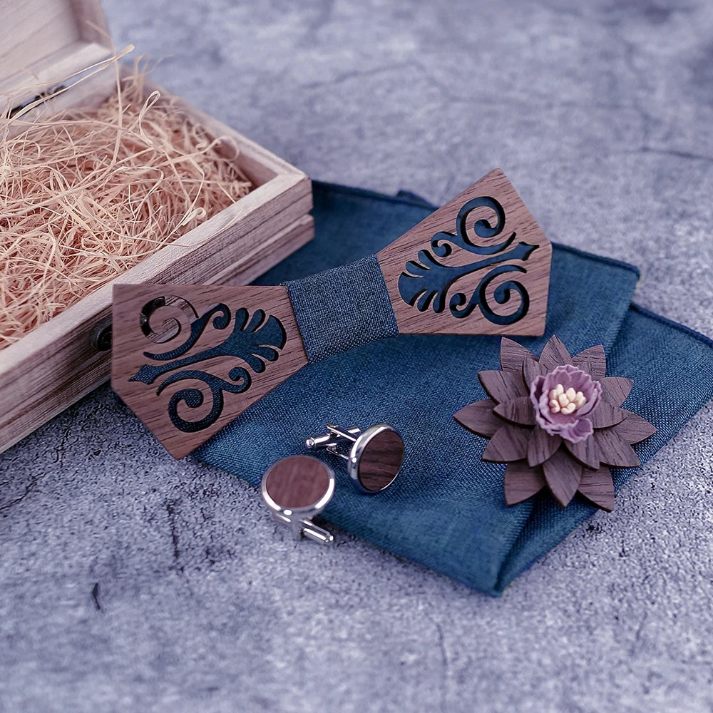 Nœud papillon en bois Islay avec pochette assortie, élégance et modernité pour toutes les occasions.