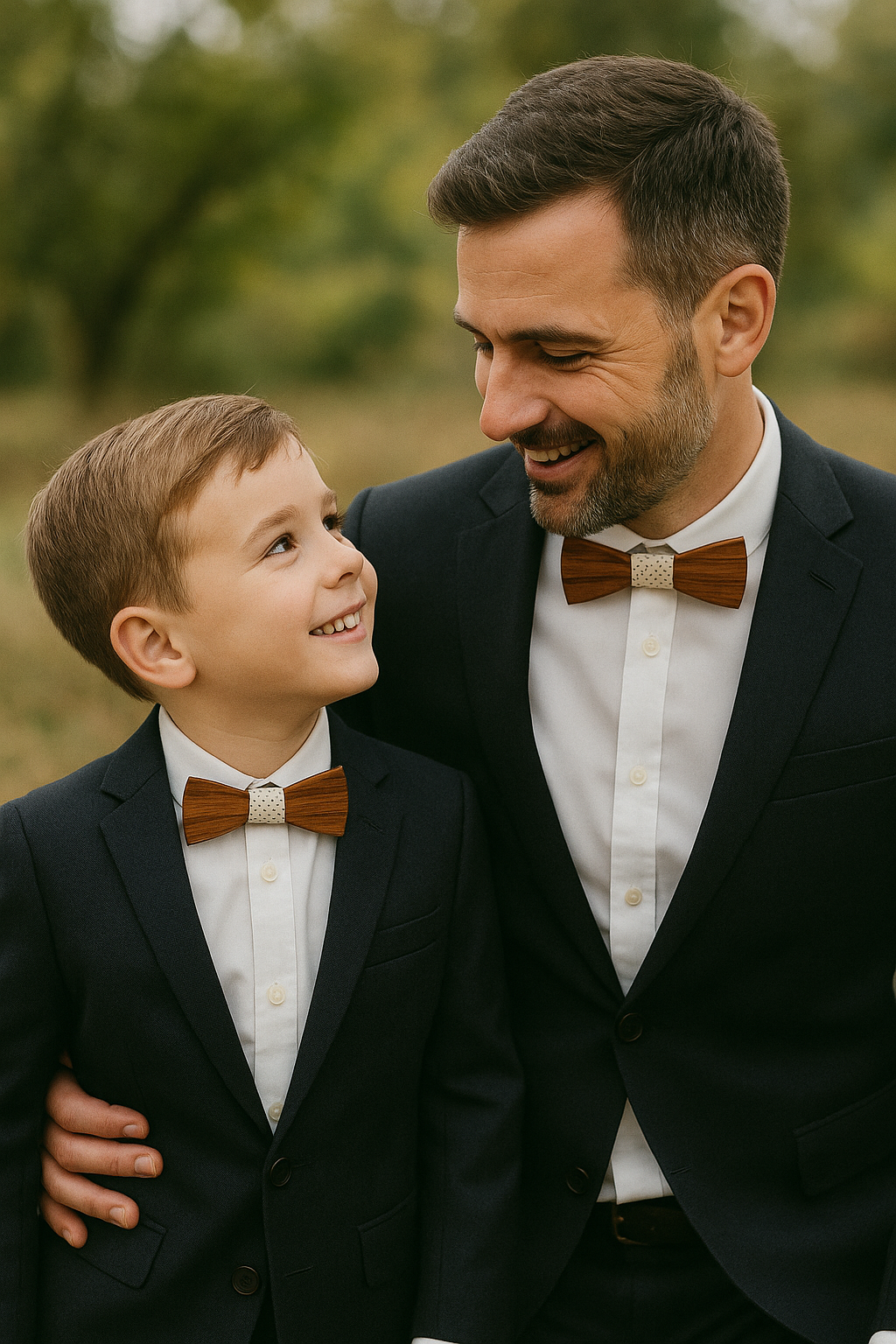 Nœud papillon en bois Gasno porté par un homme et un enfant, complicité et élégance moderne.