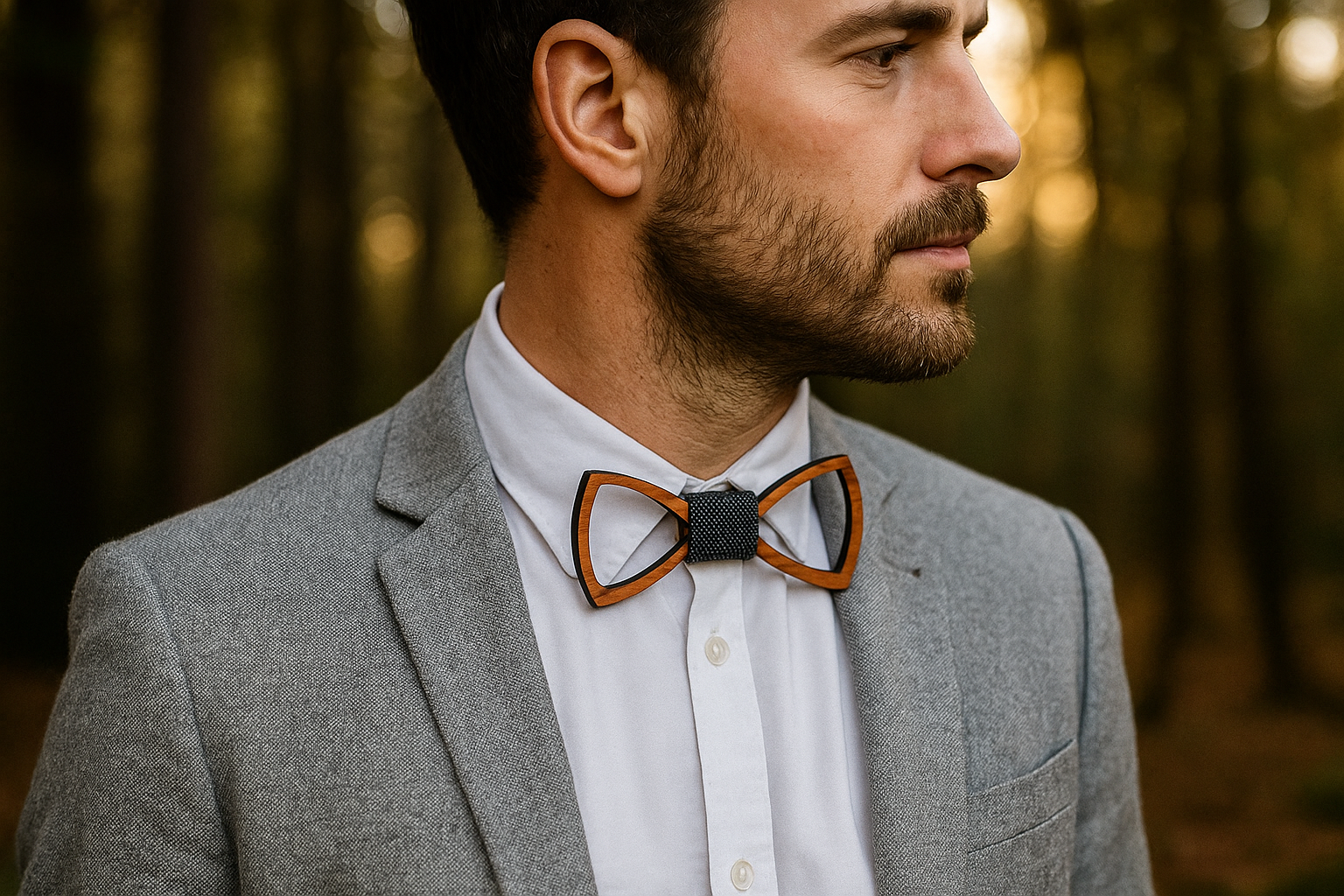 Nœud papillon en bois Vonna porté par un homme, style raffiné et tendance.