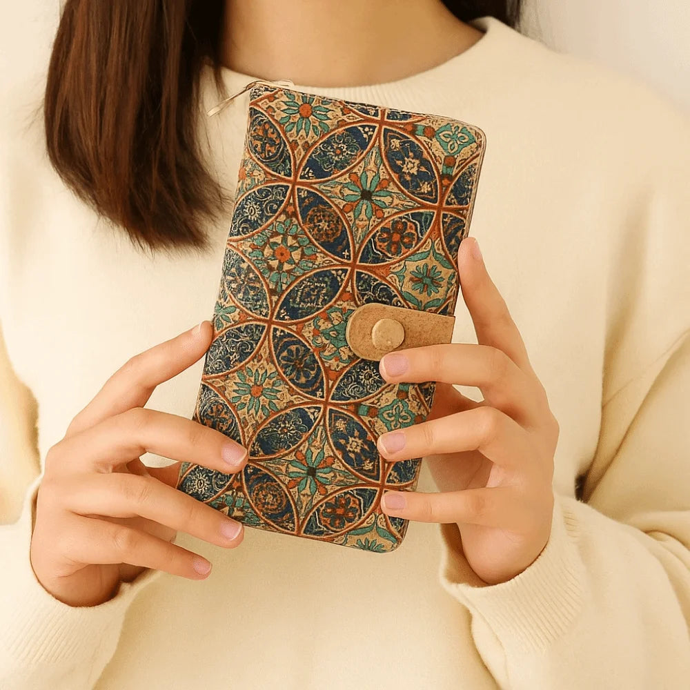 Femme portant le Portefeuille en liège Milla, élégant et durable, parfait pour organiser vos cartes et billets avec style.