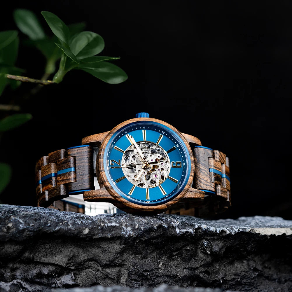 Montre en bois pour homme - Iskar, cadran rond en bois foncé, bracelet en bois et acier inoxydable, style élégant et scandinave, chronographe